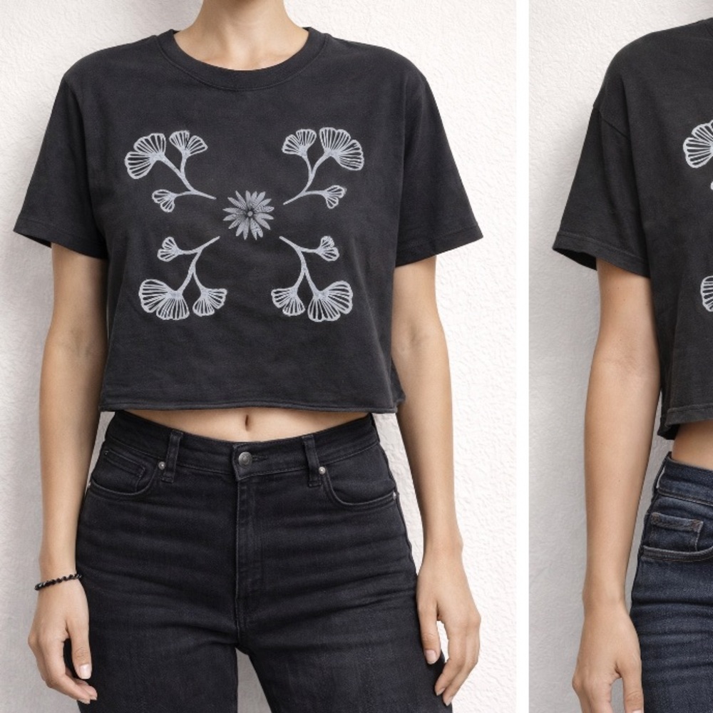 One-of-a-Kind Black Crop Top with Hand Blockprinted Gingko Leaf Design - Picture 2 of 7